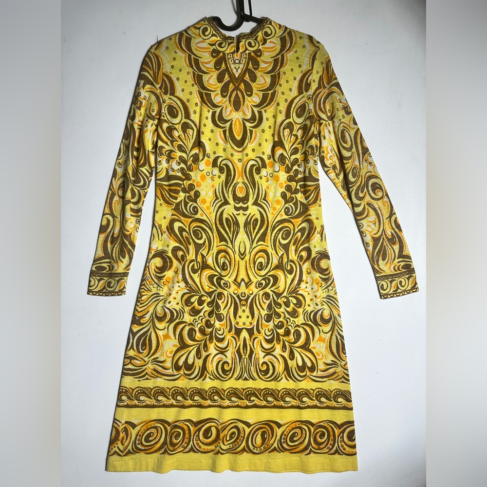 Vintage 1970s trippy Vibrant Yellow Patterned Long Sleeve Dress